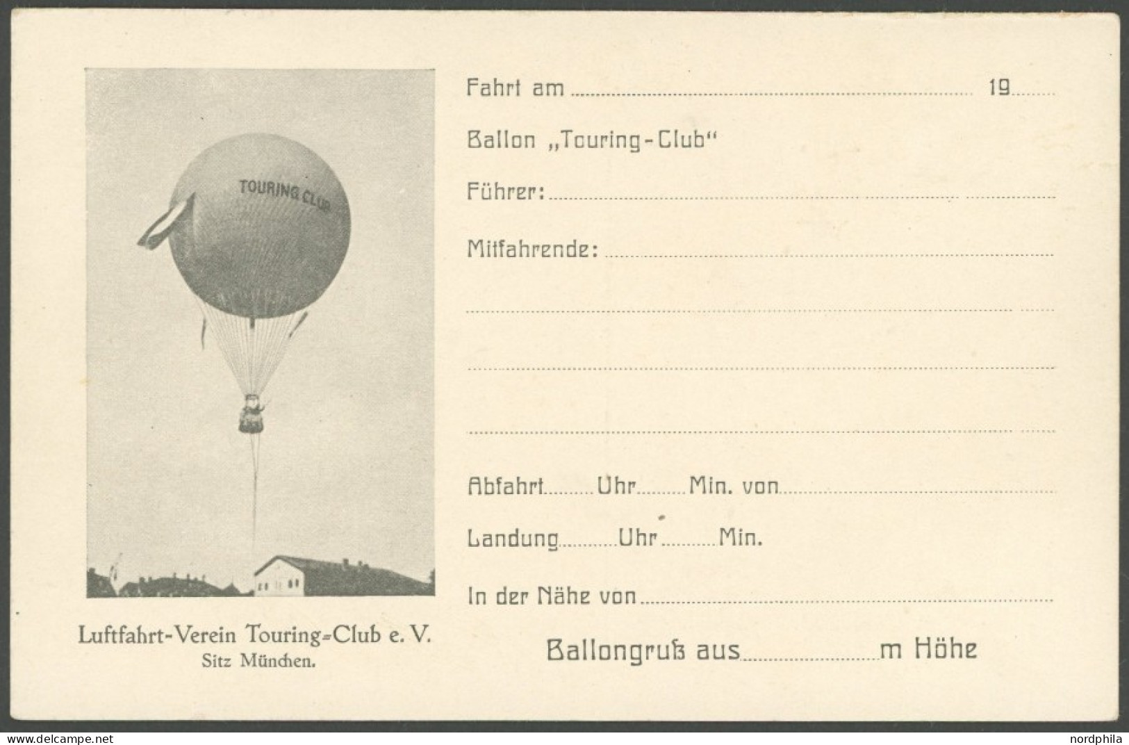 BALLON-FAHRTEN 1897-1916 1912/14, Luftfahrt-Verein Touring Clube.V., Ballongruß-Vordruckkarte, Ungebraucht, Pracht - Vliegtuigen