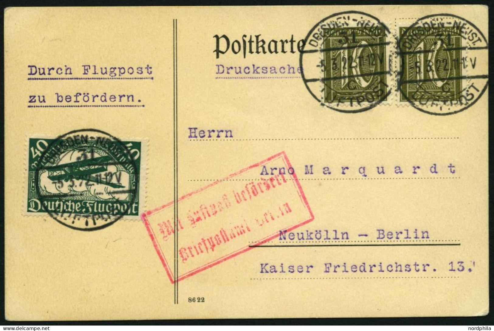 SPÄTERE FLÜGE (SPF) 21.3.02 BRIEF, 5.3.1922, Dresden-Berlin, Prachtkarte - Flugzeuge