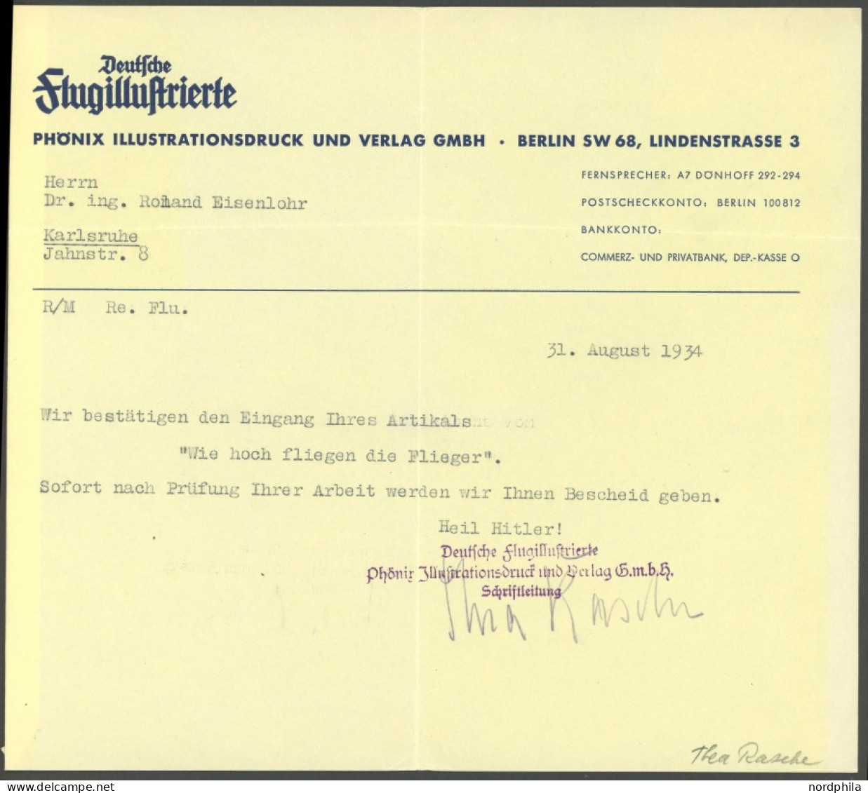 SONDERFLÜGE, FLUGVERANST. 1934, Firmenbrief Der Deutschen Flug-Illustrierten Von Thea Rasche (dt. Kunstfliegerin Und Jou - Luft- Und Zeppelinpost