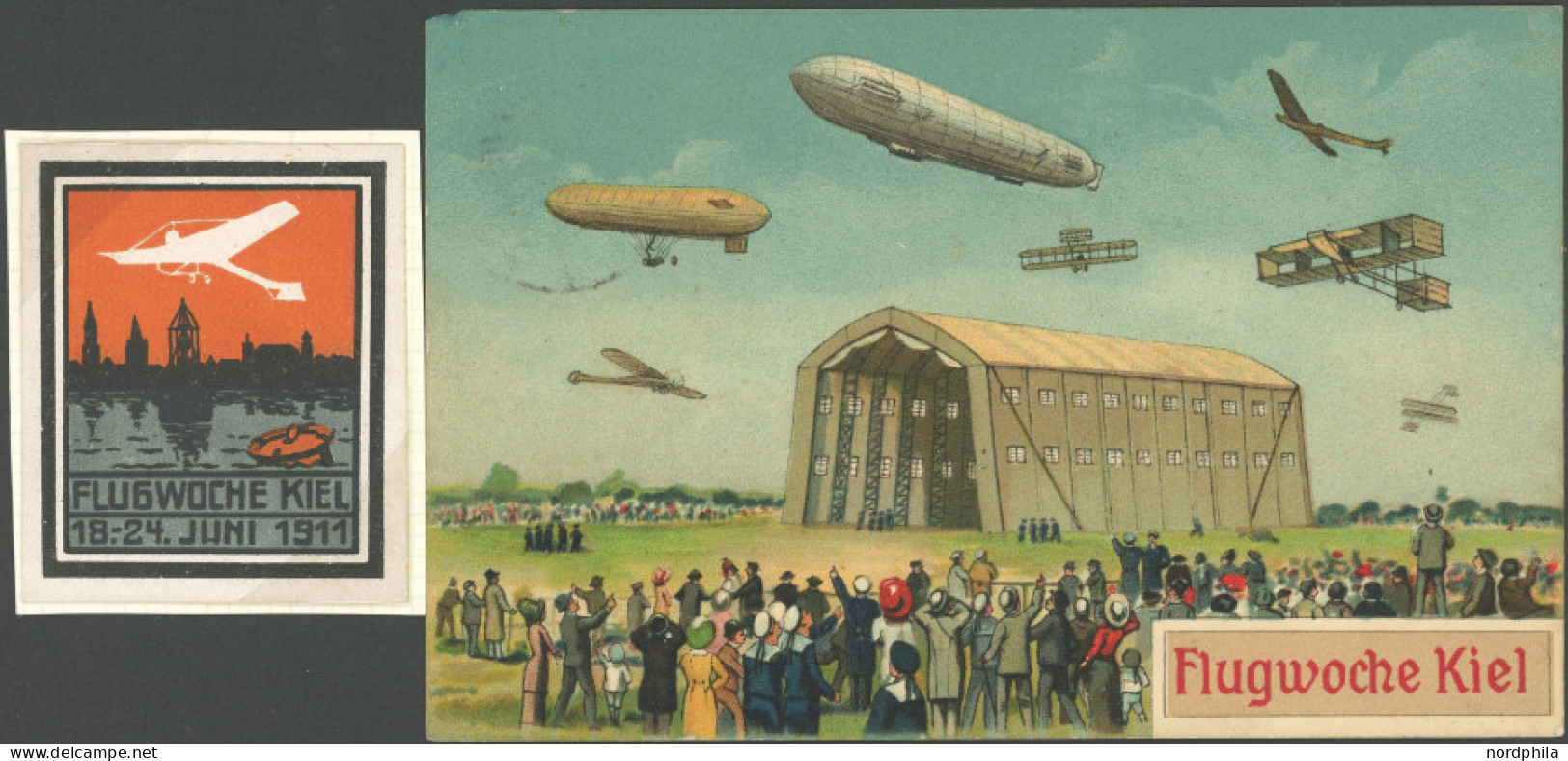 ALTE ANSICHTSKARTEN 1911, Flugwoche Kiel 18.-24. Juni, Farbige Sonderkarte Nr. 1 Mit 7 Verschiedenen Flugobjekten, Gebra - Sonstige & Ohne Zuordnung