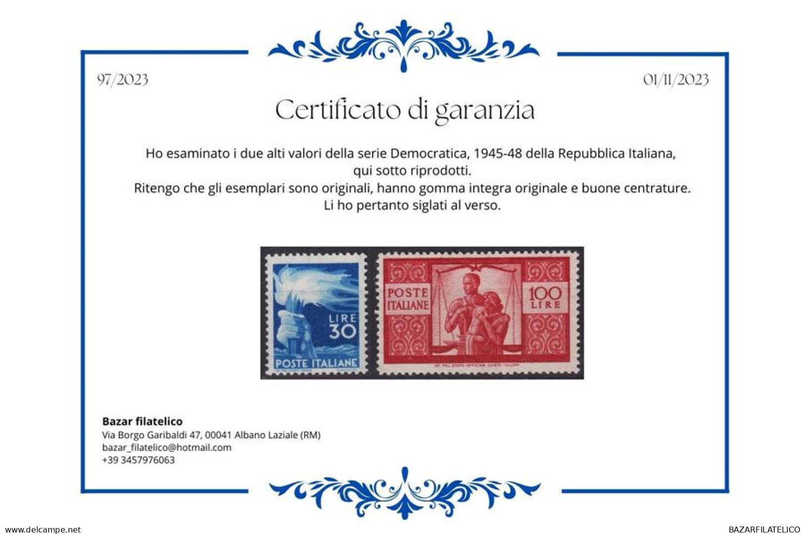 REPUBBLICA COLLEZIONE DAL 1945 AL 1998 COMPRESO ROSA B. FOGLIO G.I MNH** 4 CERT. - Lotti E Collezioni