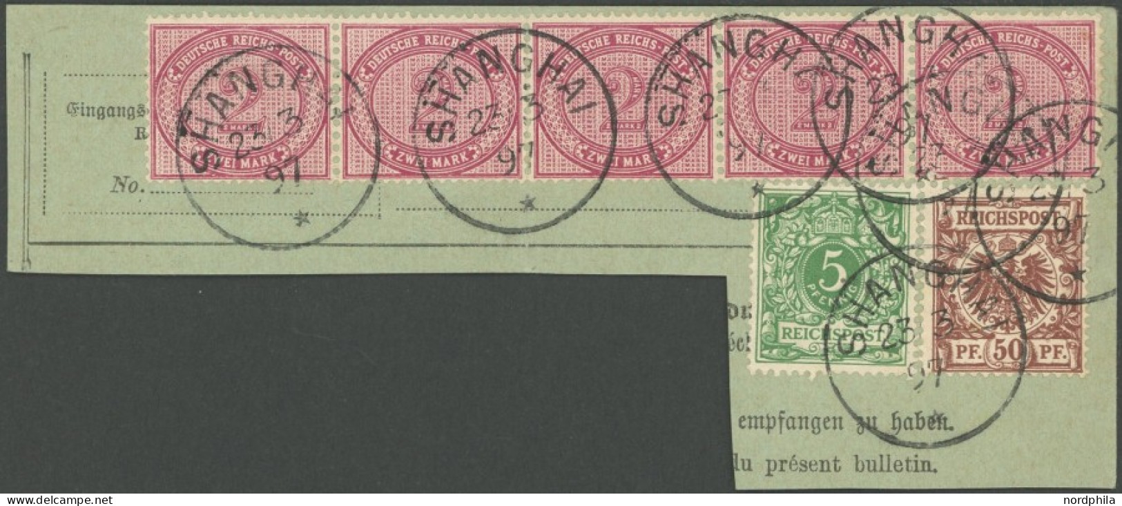 DP CHINA V 37e,46c,50d BrfStk, 1897, Paketkartenabschnitt Mit Fünferstreifen 2 M. Und 5 Und 50 Pf., Stempel SHANGHAI 23. - Deutsche Post In China