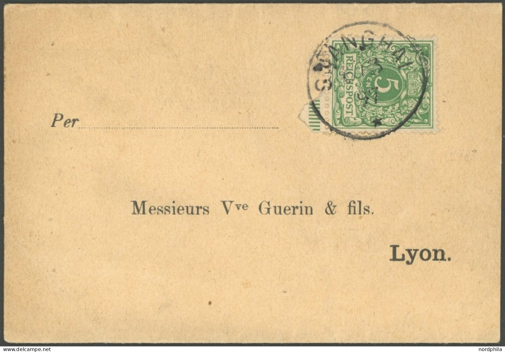 DP CHINA V 46c BRIEF, 1897, 5 Pf. Opalgrün Mit Stempel SHANGHAI Auf Streifband Nach Lyon, Pracht - China (oficinas)