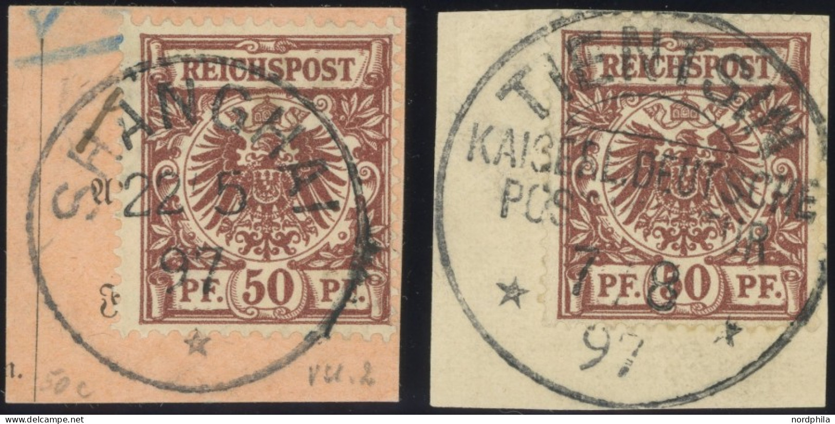 DP CHINA V 50d BrfStk, 1897, 50 Pf. Lebhaftrötlichbraun, Stempel SHANGHAI Und TIENTSIN KDPAG, 2 Postabschnitte, Pracht - Chine (bureaux)