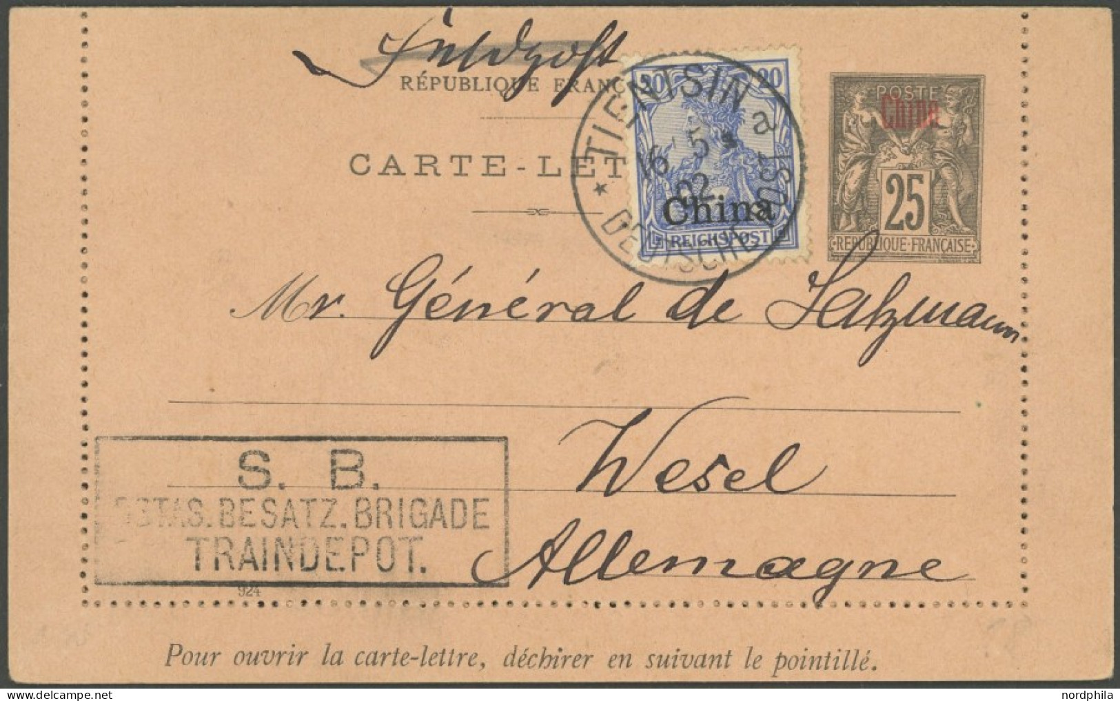 DP CHINA 18 BRIEF, 1902, 20 Pf. Reichspost Auf Kartenbrief (Frankreich Post In China), Stempel TIENTSIN A, Rückseitig Un - Chine (bureaux)