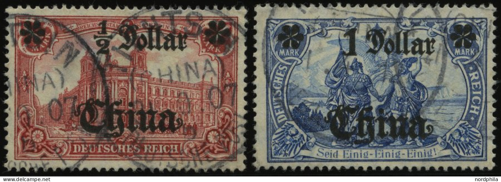 DP CHINA 44IA,45IAII O, 1906/7, 1/2 D. Auf 1 M. Und 1 D. Auf 2 M., Mit Wz., Friedensdruck, 2 Prachtwerte, Mi. 100.- - Deutsche Post In China