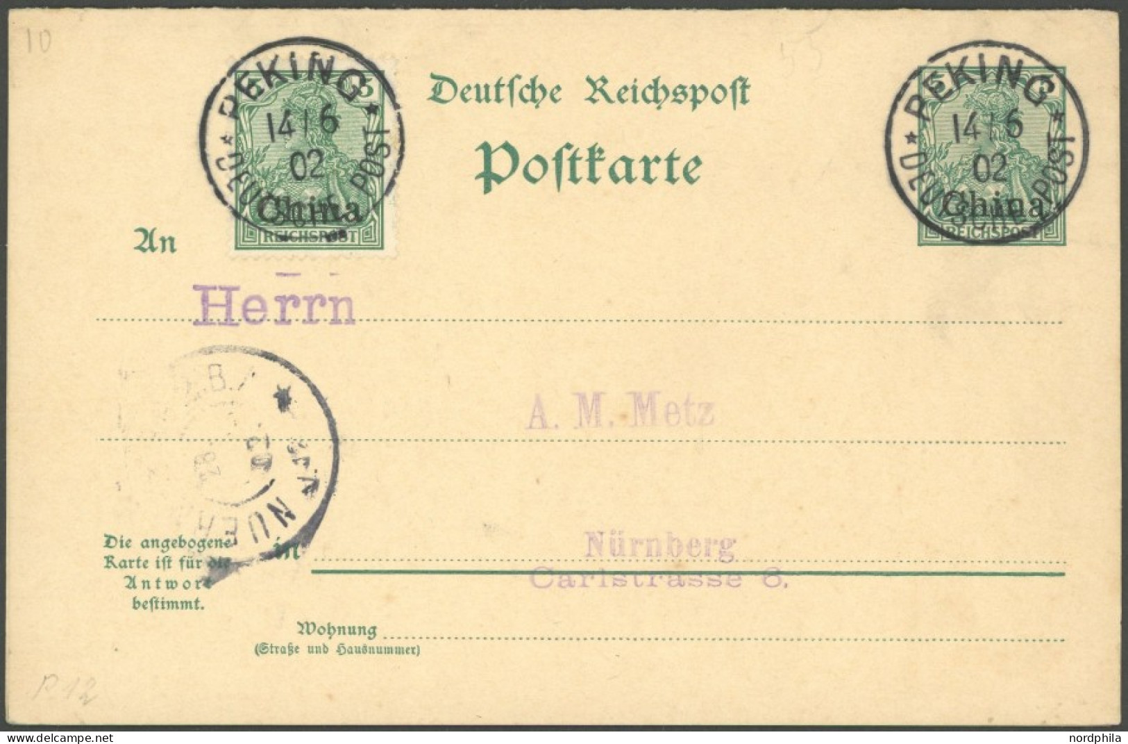 DP CHINA P 12 BRIEF, 1902, 5/5 Pf. Reichspost Mit 5 Pf. Zusatzfrankatur Von PEKING Nach Nürnberg, Rückseitig Unbeschrift - Chine (bureaux)