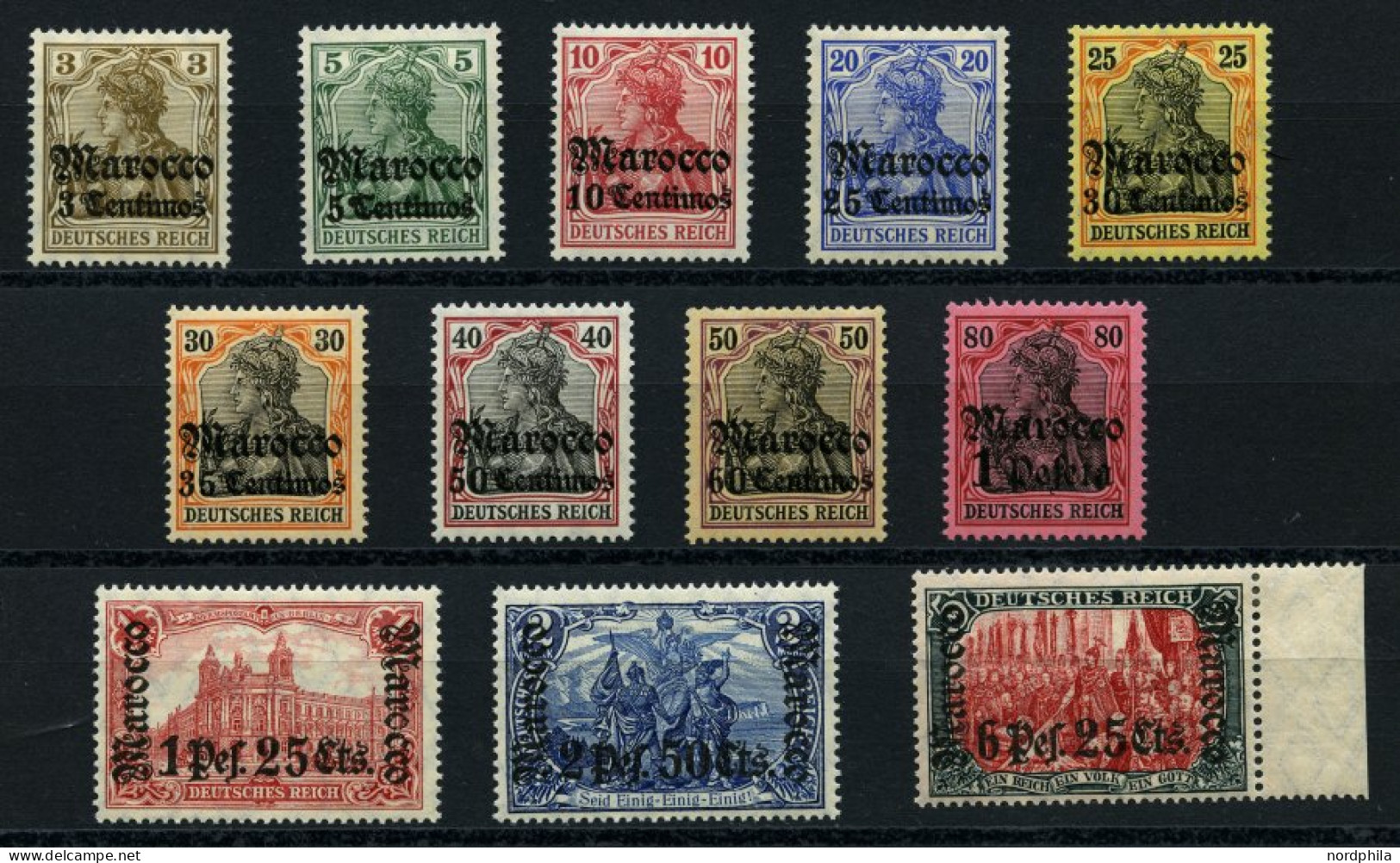 DP IN MAROKKO 34-45 , 1906-11, 3 C. Auf 3 Pf. - 6. P. 25 C. Auf 5 M., Mit Wz., Falzreste, Prachtsatz, Mi. 630.- - Deutsche Post In Marokko
