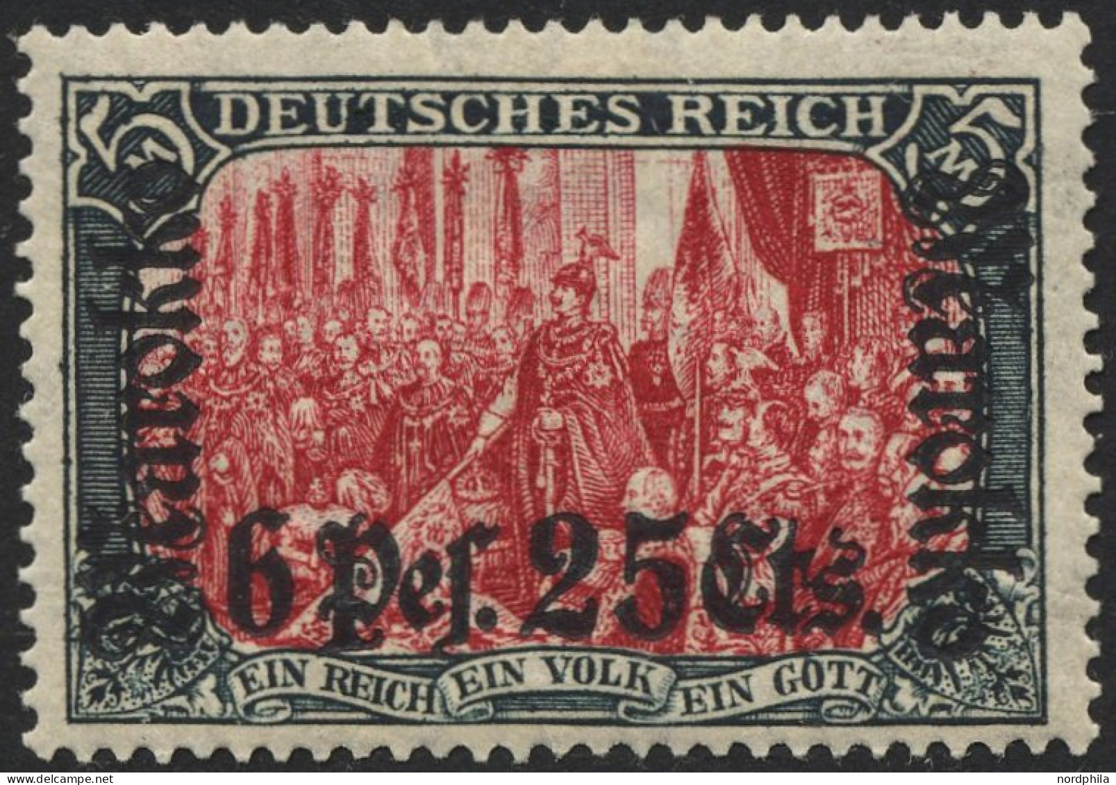 DP IN MAROKKO 58IAb , 1911, 6 P. 25 C. Auf 5 M., Friedensdruck, Aufdruck Rußig, Falzreste, Pracht, Mi. 150.- - Deutsche Post In Marokko