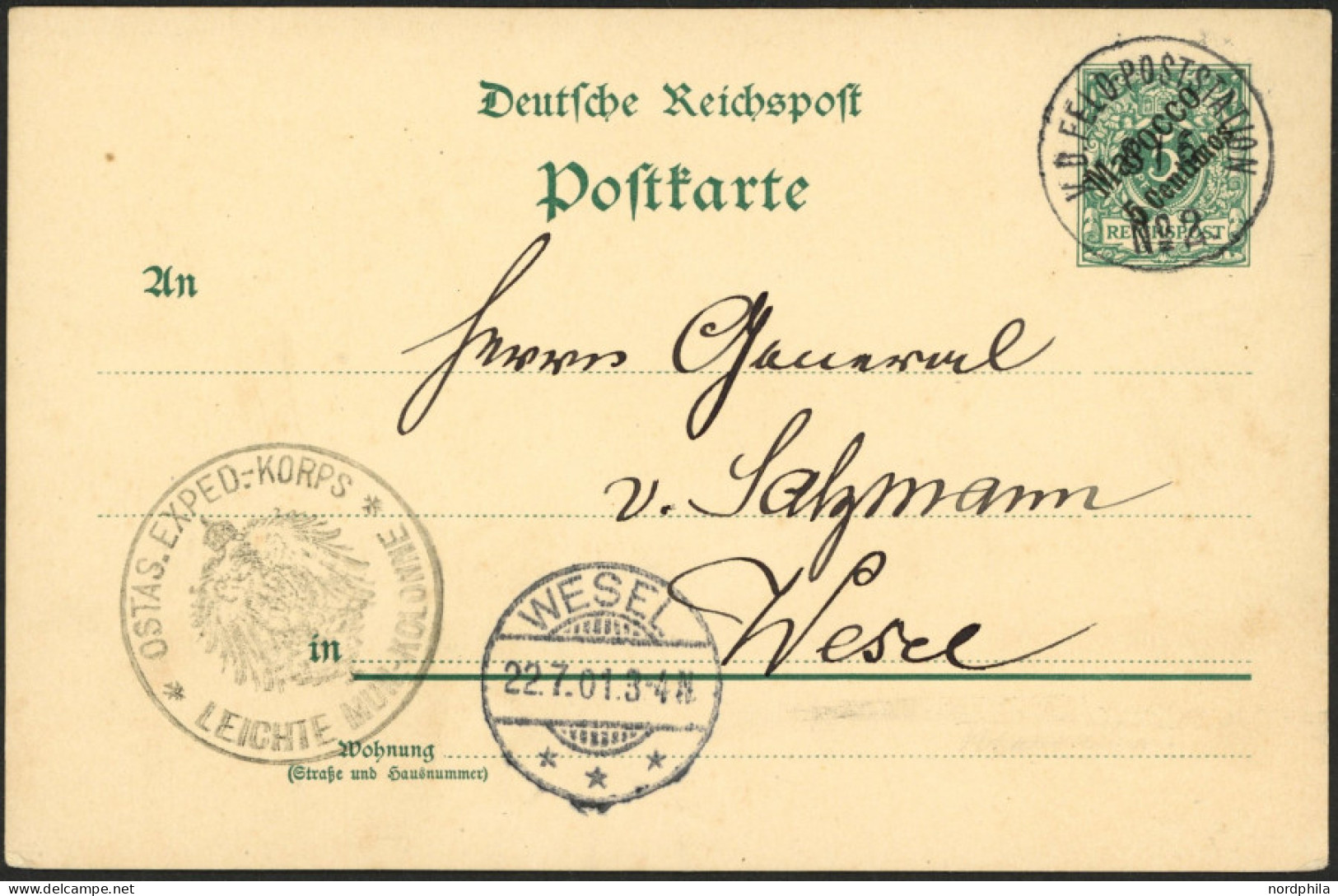 DP IN MAROKKO P 1 BRIEF, 1901, 5 C. Auf 5 Pf. Grün Mit K1 K.D. FELD-POSTSTATION Nr. 2 Und Briefstempel Leichte Mun-Kolon - Deutsche Post In Marokko