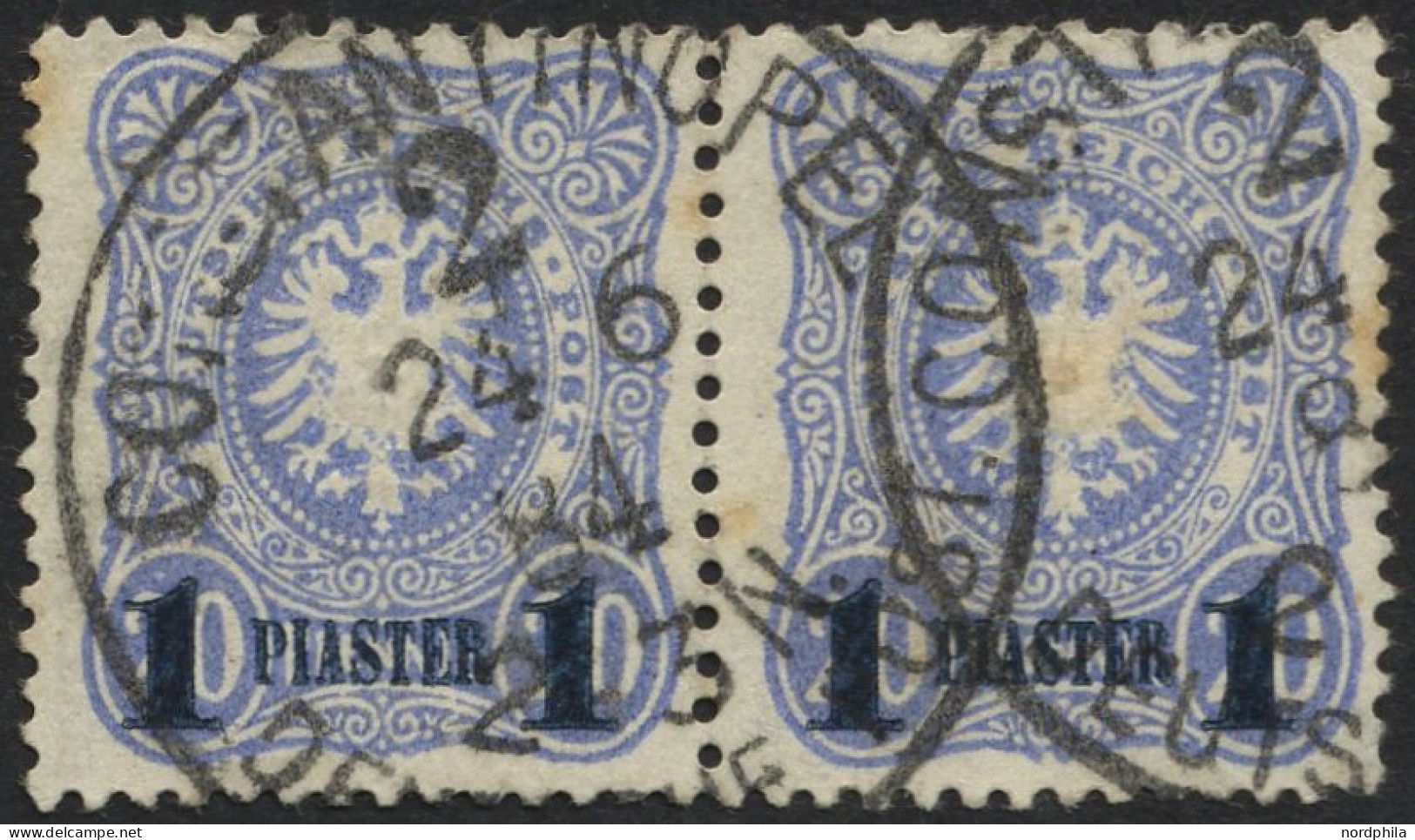 DP TÜRKEI 3b Paar O, 1884, 1 PIA. Auf 20 Pf. Violettultramarin, Aufdruck Blauschwarz, Im Waagerechten Paar, Feinst (etwa - Turquie (bureaux)