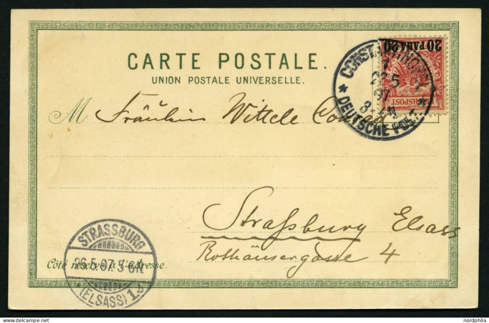 DP TÜRKEI 7caIV BRIEF, 1897, 20 PA Auf 10 Pf. Mittelrot, Dunkelgelb Quarzend, Mit Seltenem Plattenfehler Keil In Linker  - Turquie (bureaux)