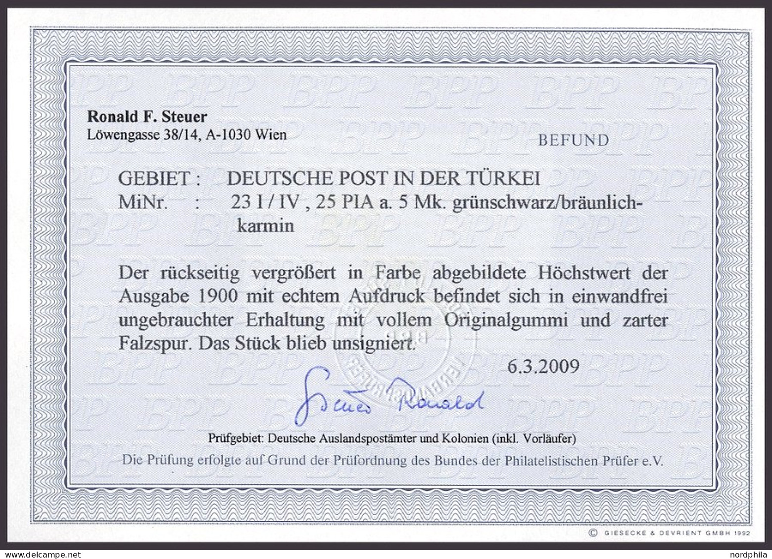 DP TÜRKEI 23I/IV , 1900, 25 PIA. Auf 5 M., Type I, Nachmalung Nur Mit Deckweiß, Falzrest, Pracht, Fotobefund Steuer, Mi. - Deutsche Post In Der Türkei