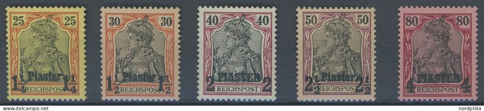 DP TÜRKEI I-V , 1902, Nicht Ausgegeben: 11/4 Pia. Auf 25 Pf. - 4 PIA Auf 80 Pf., Postfrisch, 5 Prachtwerte, Mi. 3750.- - Turkse Rijk (kantoren)