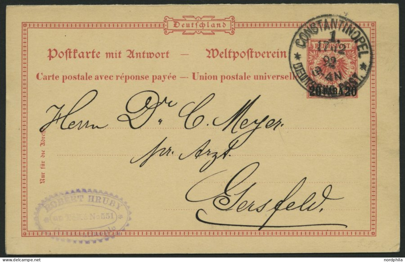 DP TÜRKEI P 2 BRIEF, 1892, 20 PARA Auf 10 Pf., Frageteil, Stempel CONSTANTINOPEL 1 , Prachtkarte Nach Gersfeld - Deutsche Post In Der Türkei