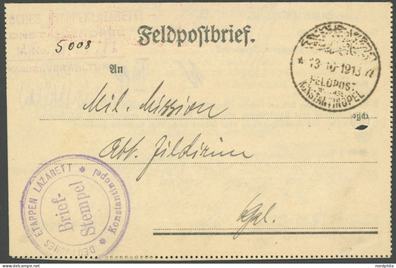 DP TÜRKEI 1918, Feldpost Mil. Miss. KONSTANTINOPEL, Feldpost-Faltbrief Mit Violettem Briefstempel DEUTSCHES ETAPPEN LAZA - Deutsche Post In Der Türkei