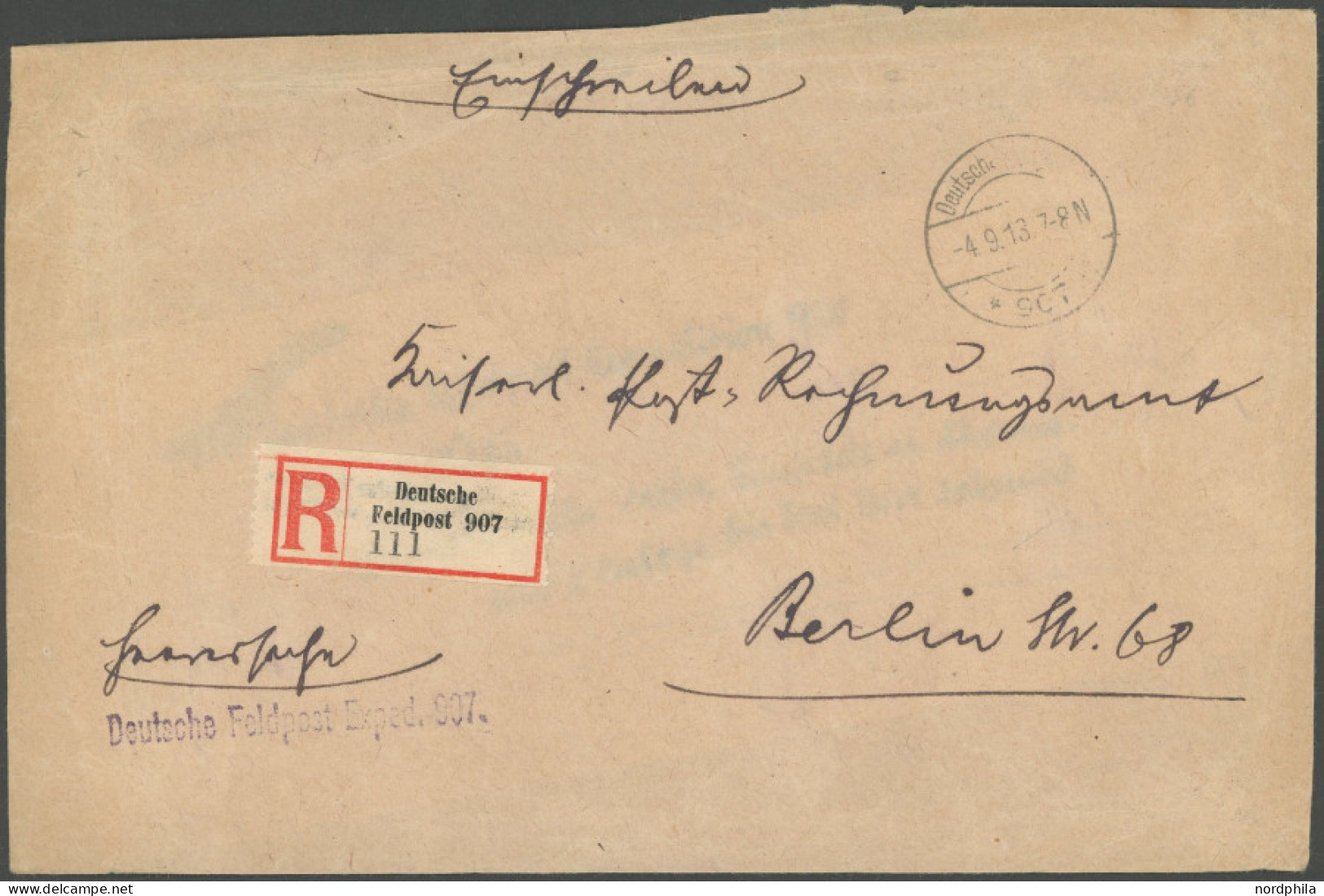 DP TÜRKEI 1918, Deutsche Feldpost Expedition 907, Einschreibumschlag Mit R-Zettel, Tarnstempel Und Violettem L1 Von TIFL - Turkse Rijk (kantoren)