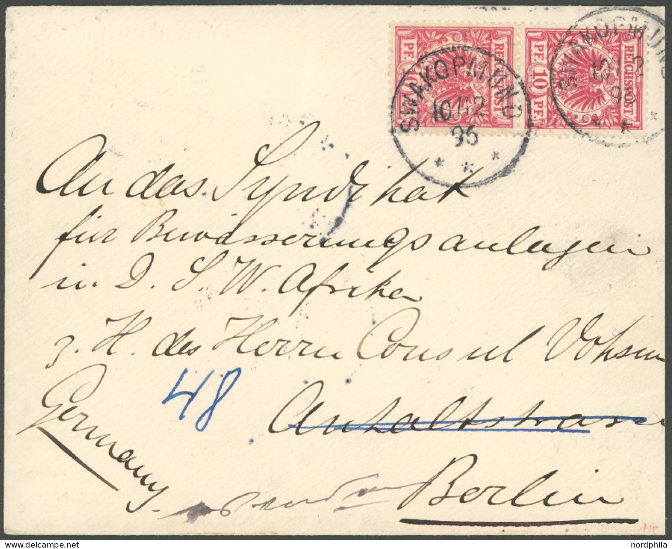 DSWA VS 47d Paar BRIEF, 1896, 10 Pf. Lebhaftlilarot Im Senkrechten Paar Mit Stempel SWAKOPMUND Auf Brief Nach Berlin, Pr - Duits-Zuidwest-Afrika