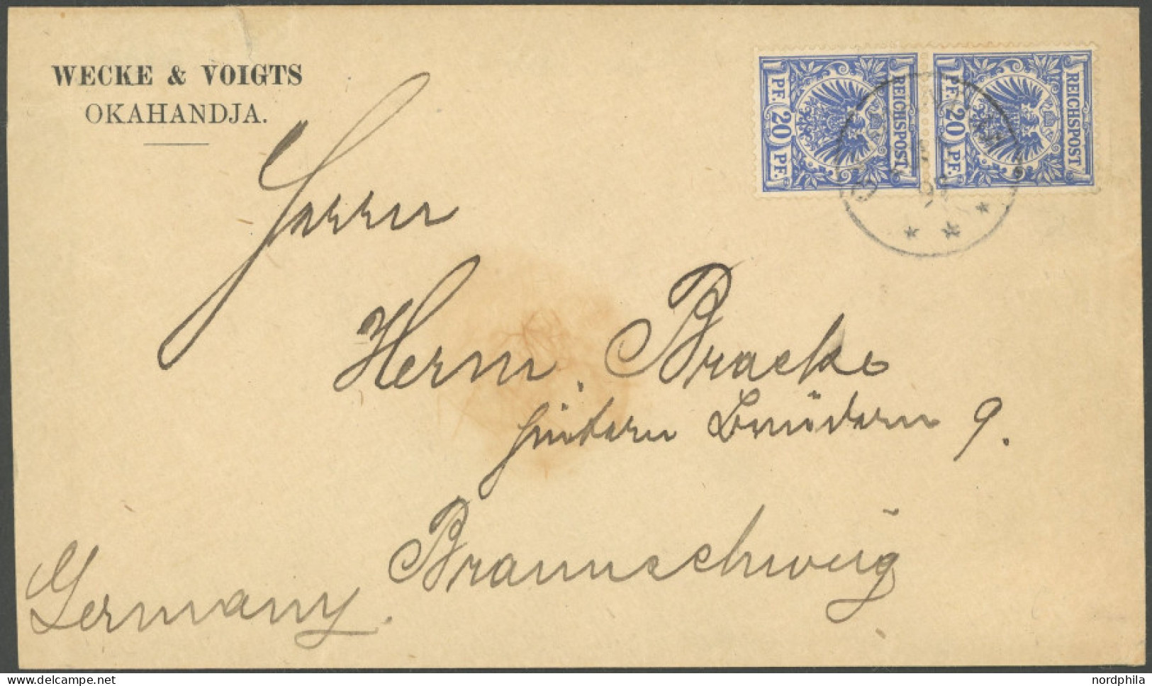 DSWA VS 48d Paar BRIEF, 1897, 20 Pf. Violettultramarin Im Senkrechten Paar Mit Stempel OKAHANDJA Nach Braunschweig, Prac - Deutsch-Südwestafrika