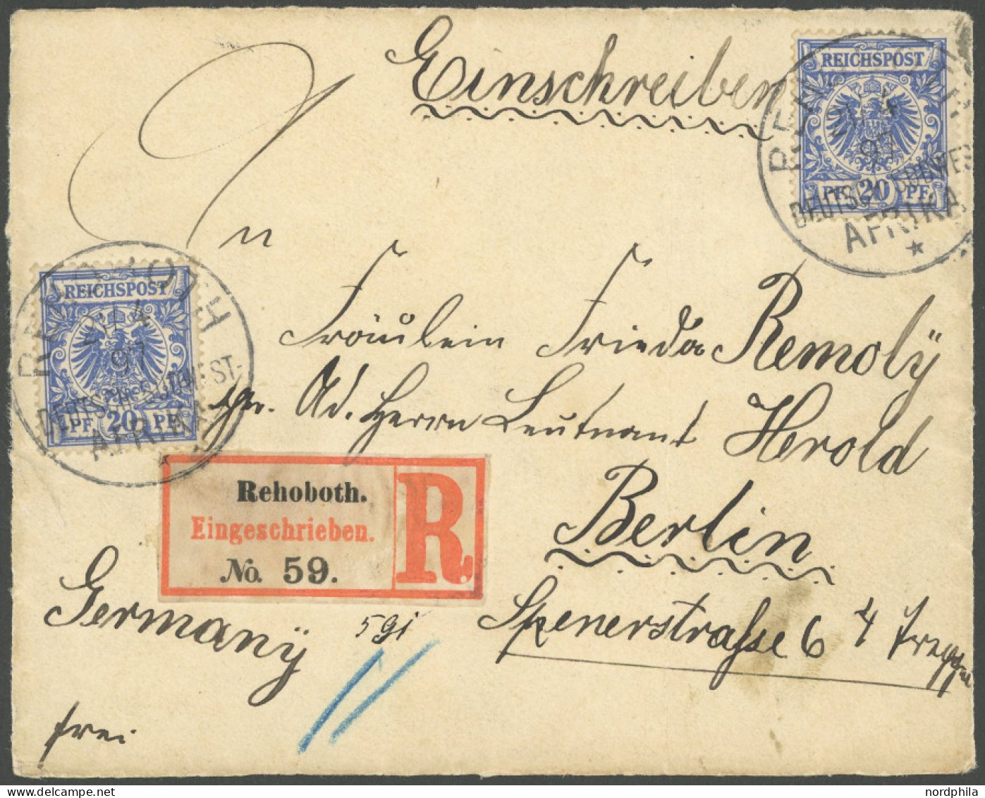 DSWA VS 48d BRIEF, 1897, 20 Pf. Violettultramarin, 2-mal Auf Einschreib-Vorderseite (senkrecht Gefaltet) Von Rehoboth Na - German South West Africa