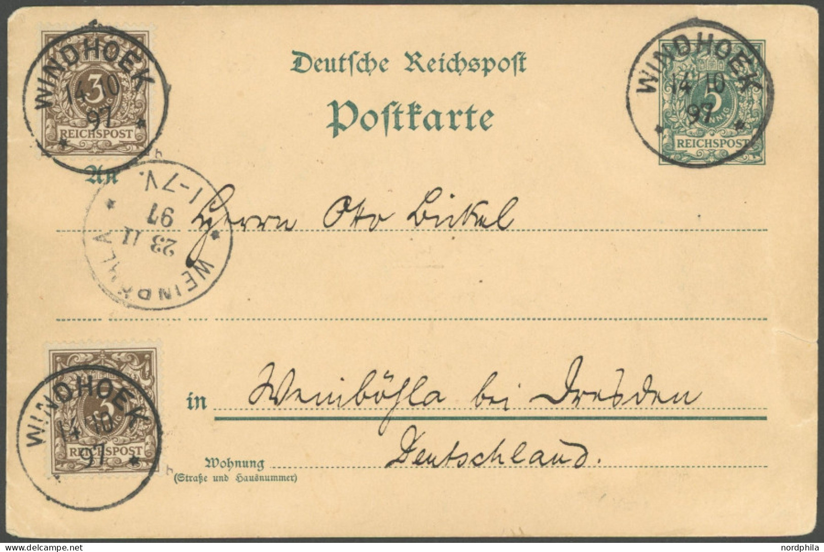 DSWA M 45b BRIEF, 1897, Stempel WINDHOEK Auf 5 Pf. Ganzsachenkarte Mit 2-mal 3 Pf. Mittelbraun Nach Walinböhla, Karte Re - Duits-Zuidwest-Afrika