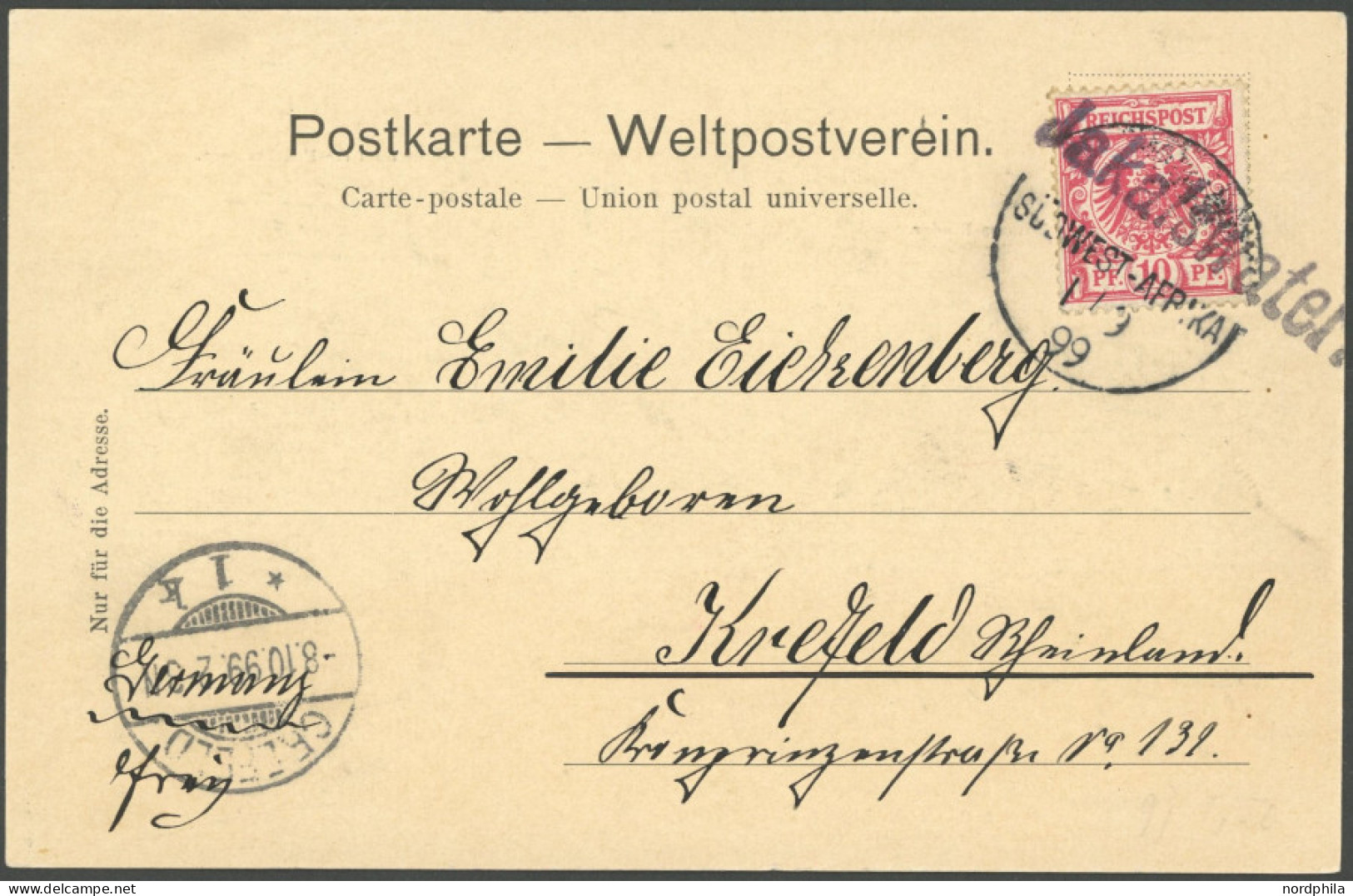 DSWA M 47d BRIEF, 1899, 10 Pf. Lebhaftlilarot Mit Wanderstempel JAKALWATER Auf Ansichtskarte Nach Krefeld, Pracht, R! - Duits-Zuidwest-Afrika