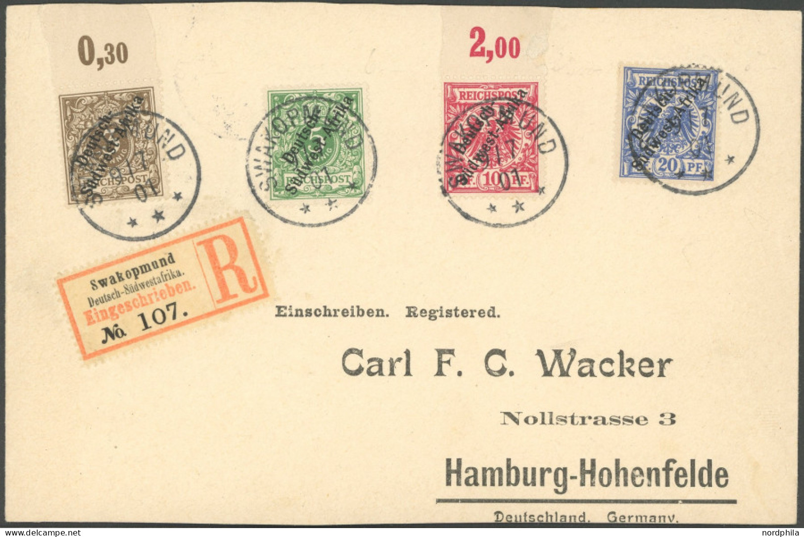 DSWA 1-4 BRIEF, 1901, Krone/Adler Auf Einschreibbrief (oben Und Unten Geöffnet) Von SWAKOPMUND Nach Hamburg, Pracht - Duits-Zuidwest-Afrika