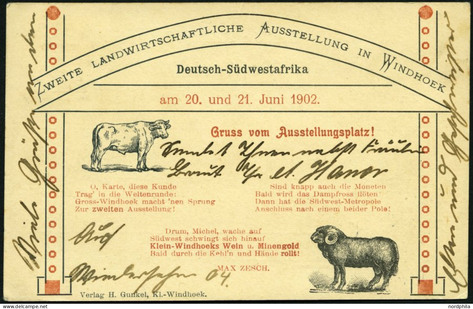 DSWA 12 BRIEF, 1902, 5 Pf. Grün Auf Ansichtskarte Zweite Landwirtschaftliche Ausstellung In Windhoek Von WINDHOEK Nach M - Deutsch-Südwestafrika