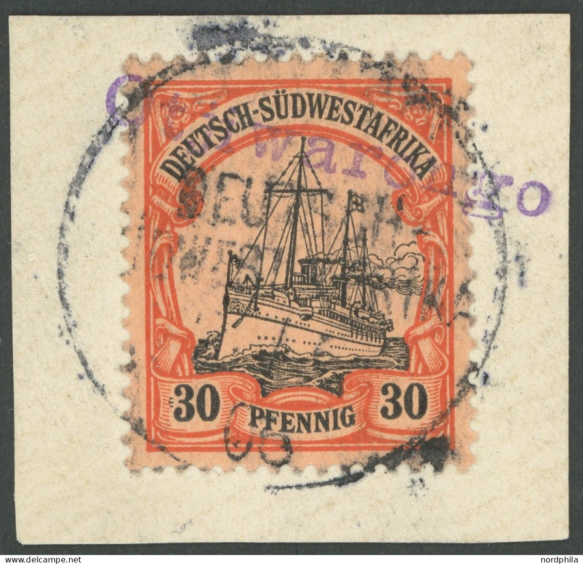 DSWA 16I BrfStk, 1901, 30 Pf., Ohne Wz., Mit Plattenfehler Striche Vor 3 In Der Linken 30, Violetter Wanderstempel OTJIW - German South West Africa