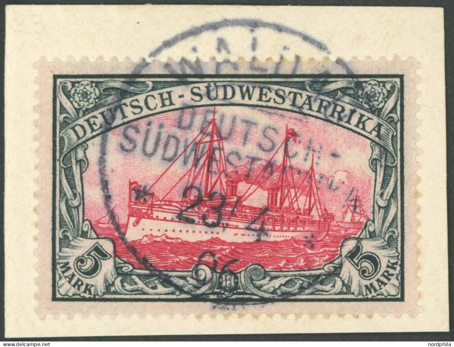 DSWA 23 BrfStk, 1901, 5 M. Grünschwarz/bräunlichkarmin, Ohne Wz., Zentrischer Stempel WALDAU, Prachtbriefstück, Signiert - Duits-Zuidwest-Afrika