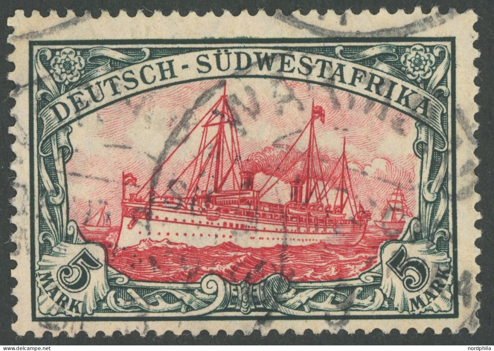 DSWA 32Aa O, 1906, 5 M. Grünschwarz/dunkelkarmin, Mit Wz., Gelblichrot Quarzend, Stempel WARMBAD, Pracht, Mi. 370.- - Deutsch-Südwestafrika