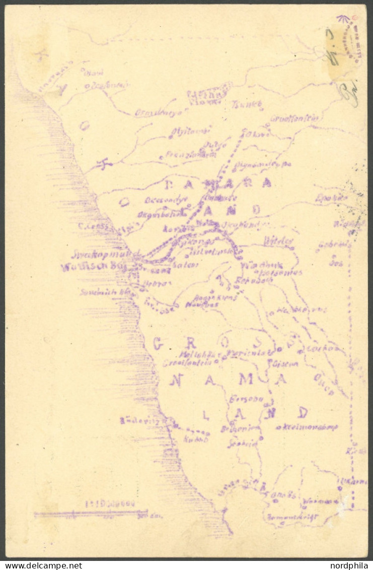 DSWA 11 BRIEF, EPUKIRO, 8.5.06, Violetter Wanderstempel Type III, Postkarte (rückseitige Landkarte) Mit 2-mal 3 Pf., Pra - German South West Africa