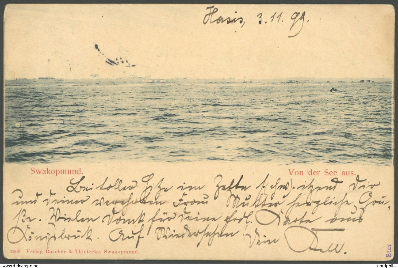 DSWA 6 BRIEF, Jakalswater In Schwarz, 23.11.1899, Wanderstempel I Auf Ansichtskarte Aus HASIS Mit 5 Pf. Nach Berlin, Pra - German South West Africa