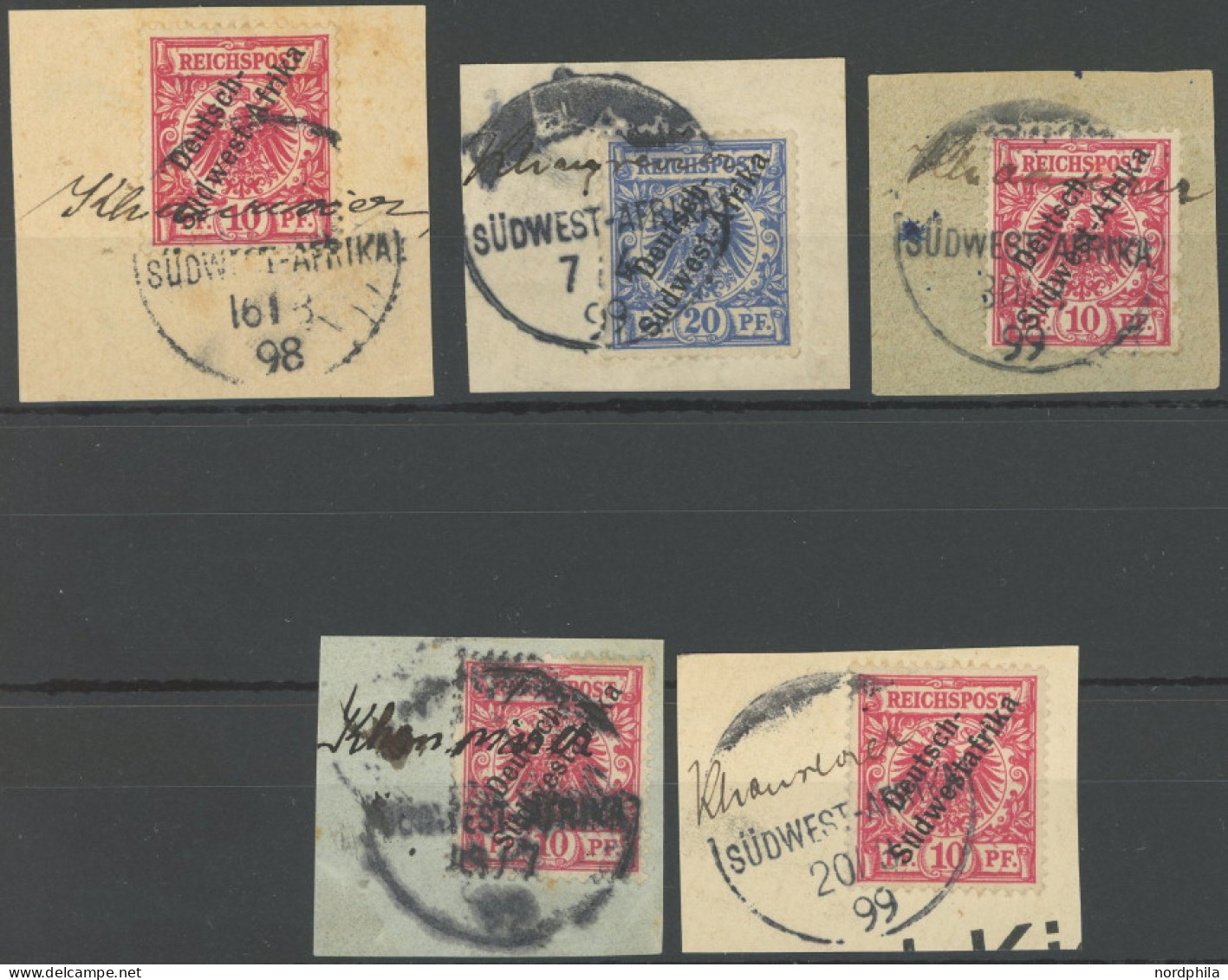 DSWA 3/4,7a BrfStk, Khanrivier, 1898/9, Verschiedene Handschriften, Wanderstempel I, 5 Prachtbriefstücke - Sud-Ouest Africain Allemand