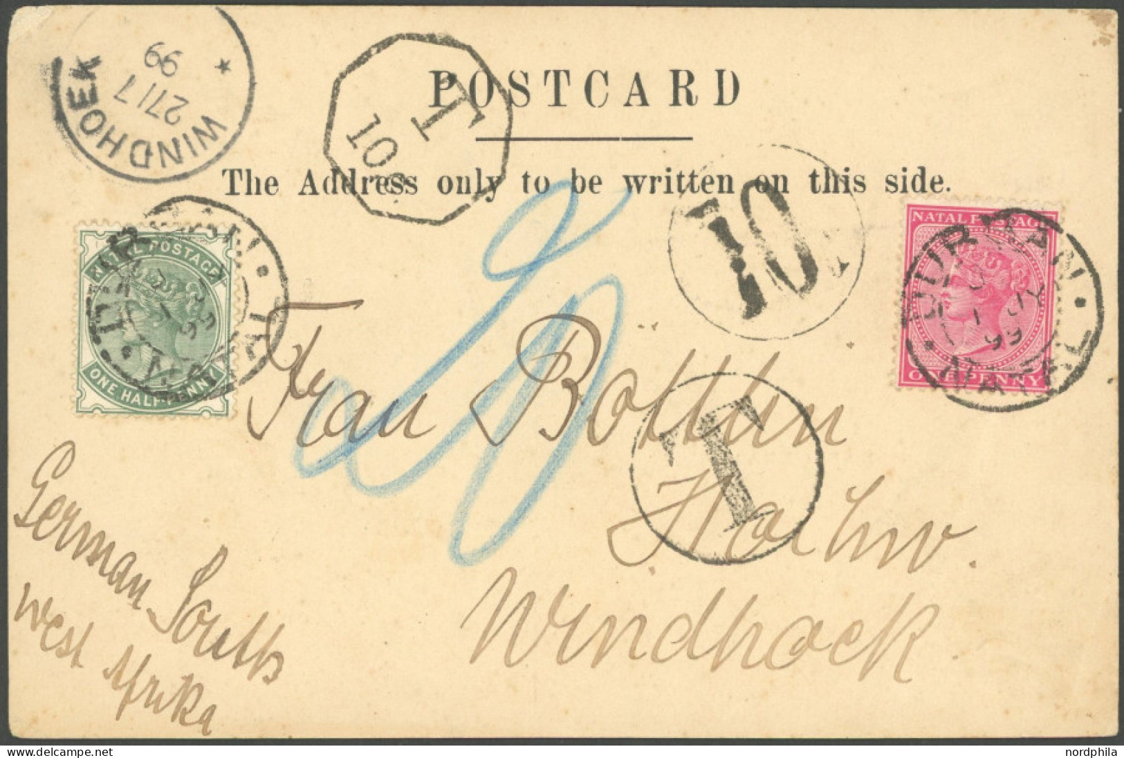 DSWA WINDHOEK, 27.7.1899, Als Ankunftsstempel Auf Ansichtskarte Aus DURBAN/NATAL, Pracht - Duits-Zuidwest-Afrika