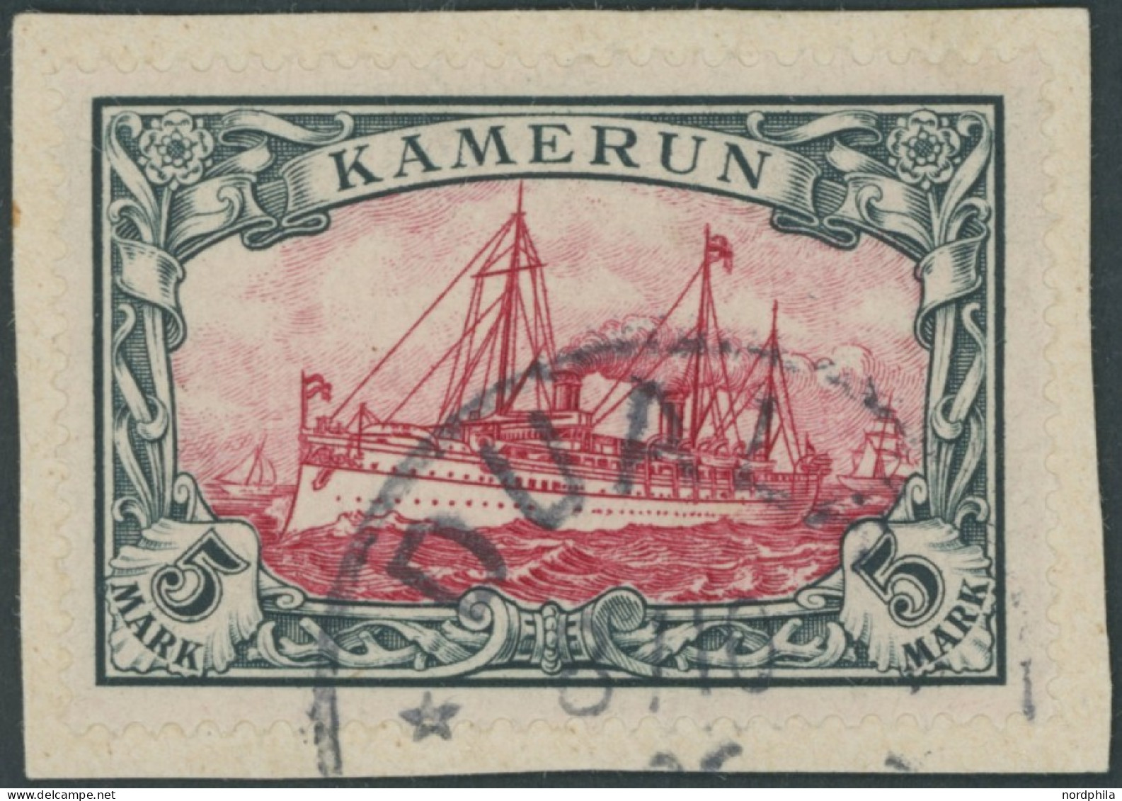 KAMERUN 19 BrfStk, 1900, 5 M. Grünschwarz/rot, Ohne Wz., Stempel DUALA, Prachtbriefstück, Gepr. U.a. Bothe, Mi. 600.- - Camerún