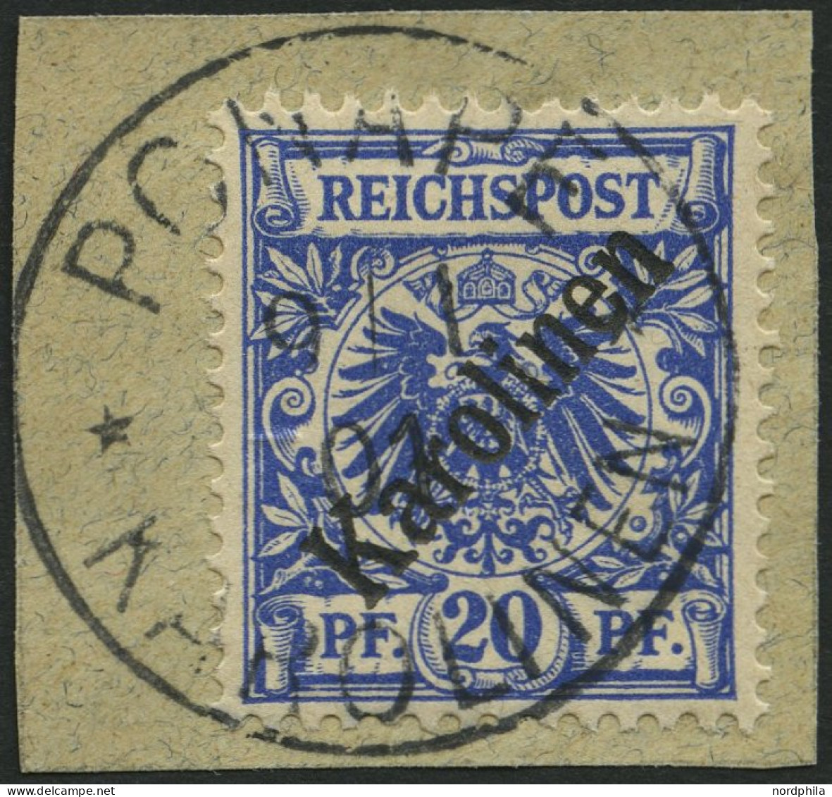 KAROLINEN 4I BrfStk, 1899, 20 Pf. Diagonaler Aufdruck, Prachtbriefstück, Gepr. Steuer, Mi. 160.- - Carolines