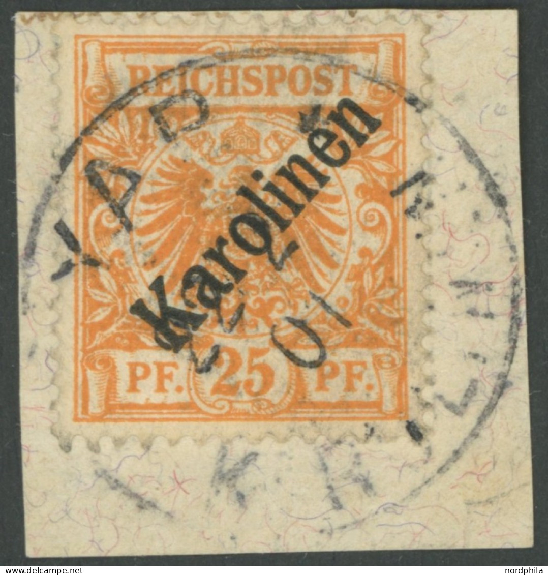 KAROLINEN 5I BrfStk, 1899, 25 Pf. Diagonaler Aufdruck, Stempel YAP, Prachtbriefstück, Diverse Altsignaturen Und Fotoatte - Carolinen