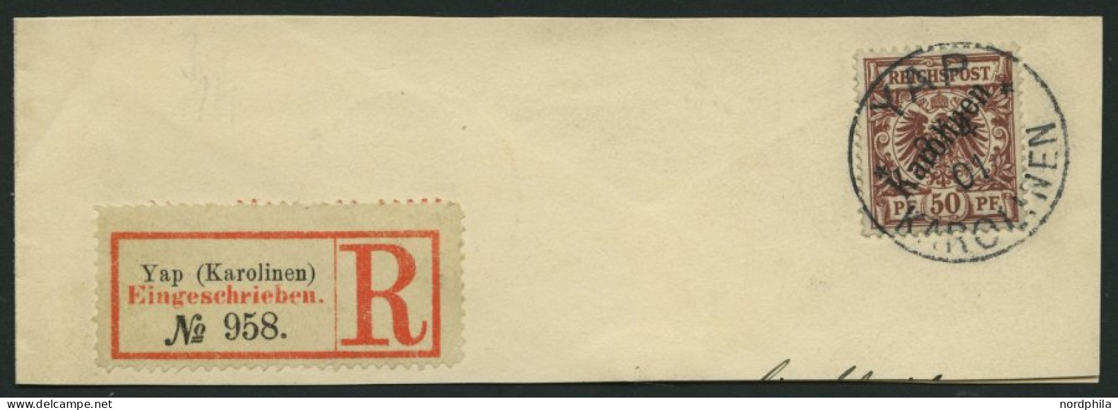 KAROLINEN 6I BrfStk, 1899, 50 Pf. Diagonaler Aufdruck Auf Großem Briefteil Mit R-Zettel, Kabinett, Fotoattest Jäschke-L. - Carolinen