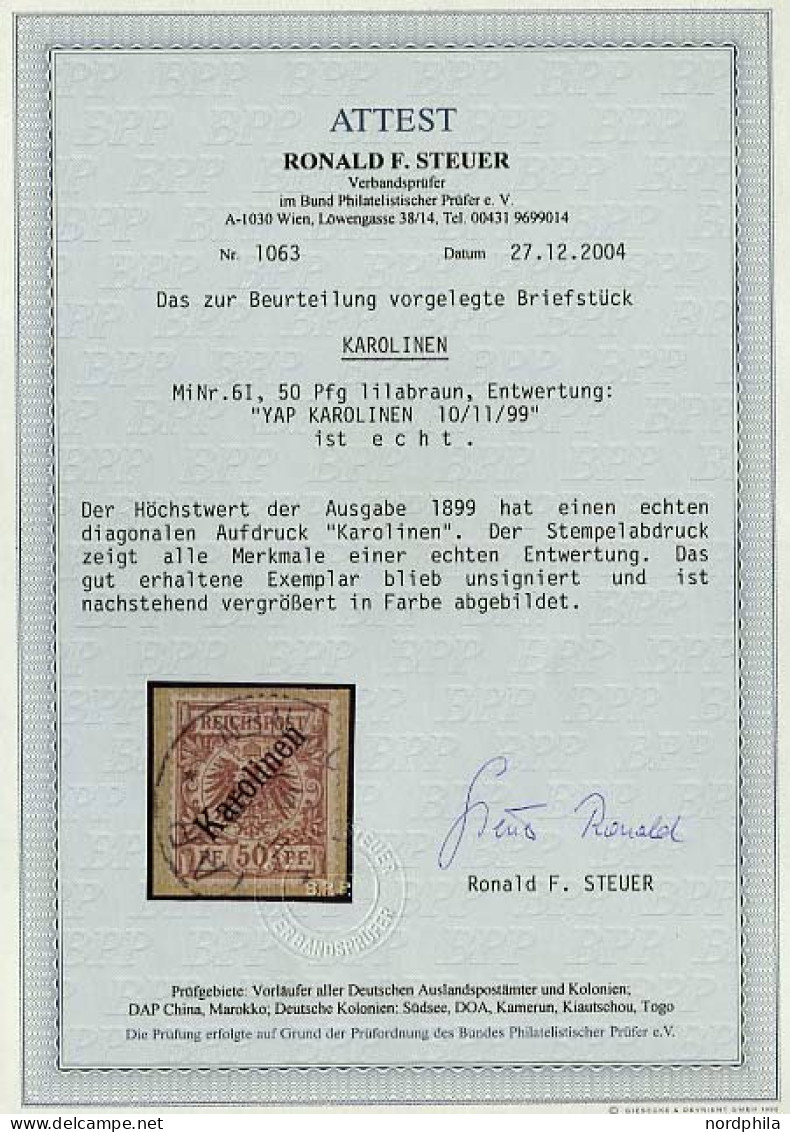 KAROLINEN 6I BrfStk, 1899, 50 Pf. Diagonaler Aufdruck, Prachtbriefstück, Fotoattest Steuer, Mi. 1800.- - Karolinen