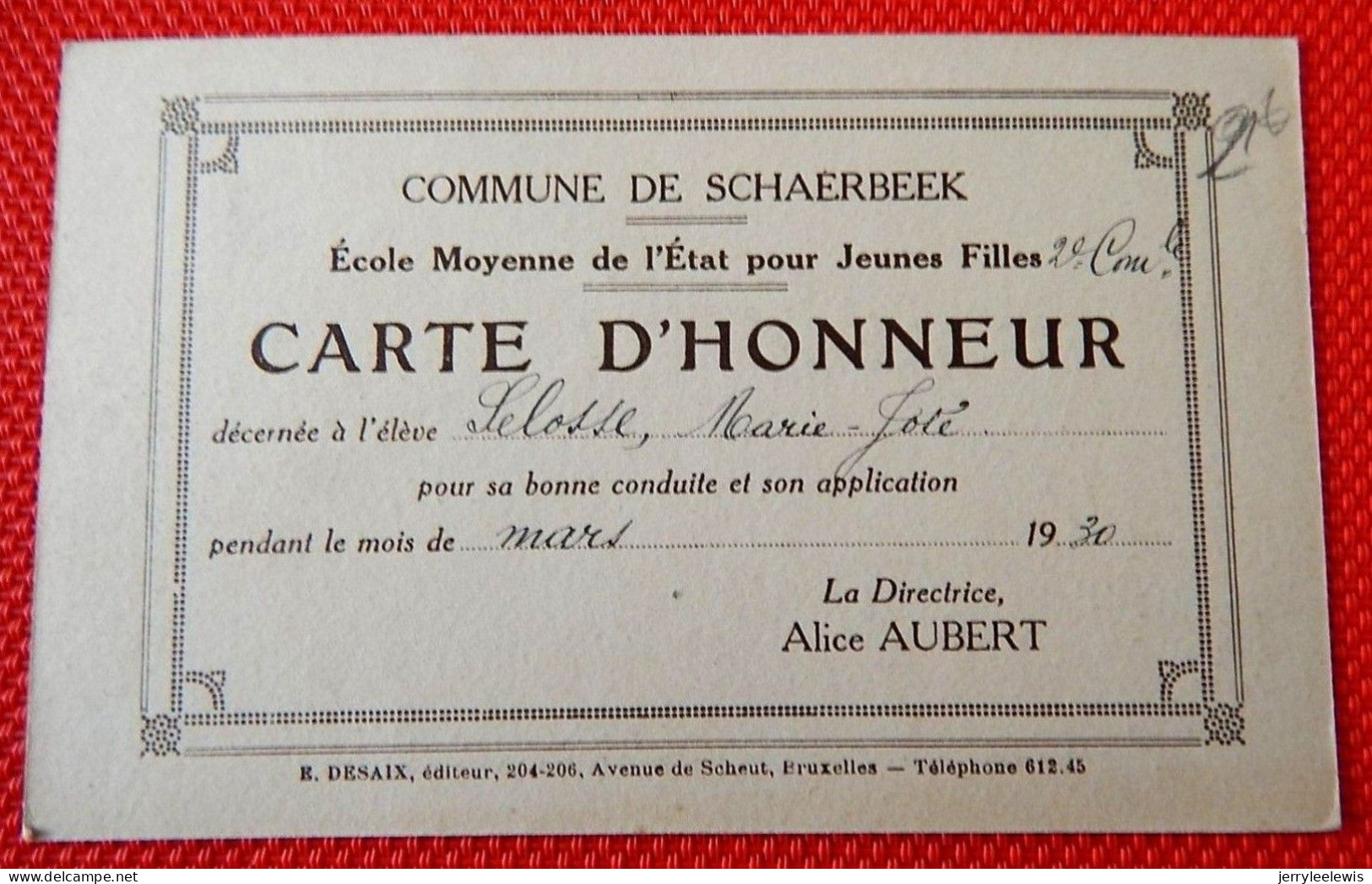 SCHAERBEEK  -  Carte D'Honneur De L' Ecole Moyenne De  L'Etat Pour Jeunes Filles  - ( Au Dos : Courtrai , La Lys ) - Formación, Escuelas Y Universidades