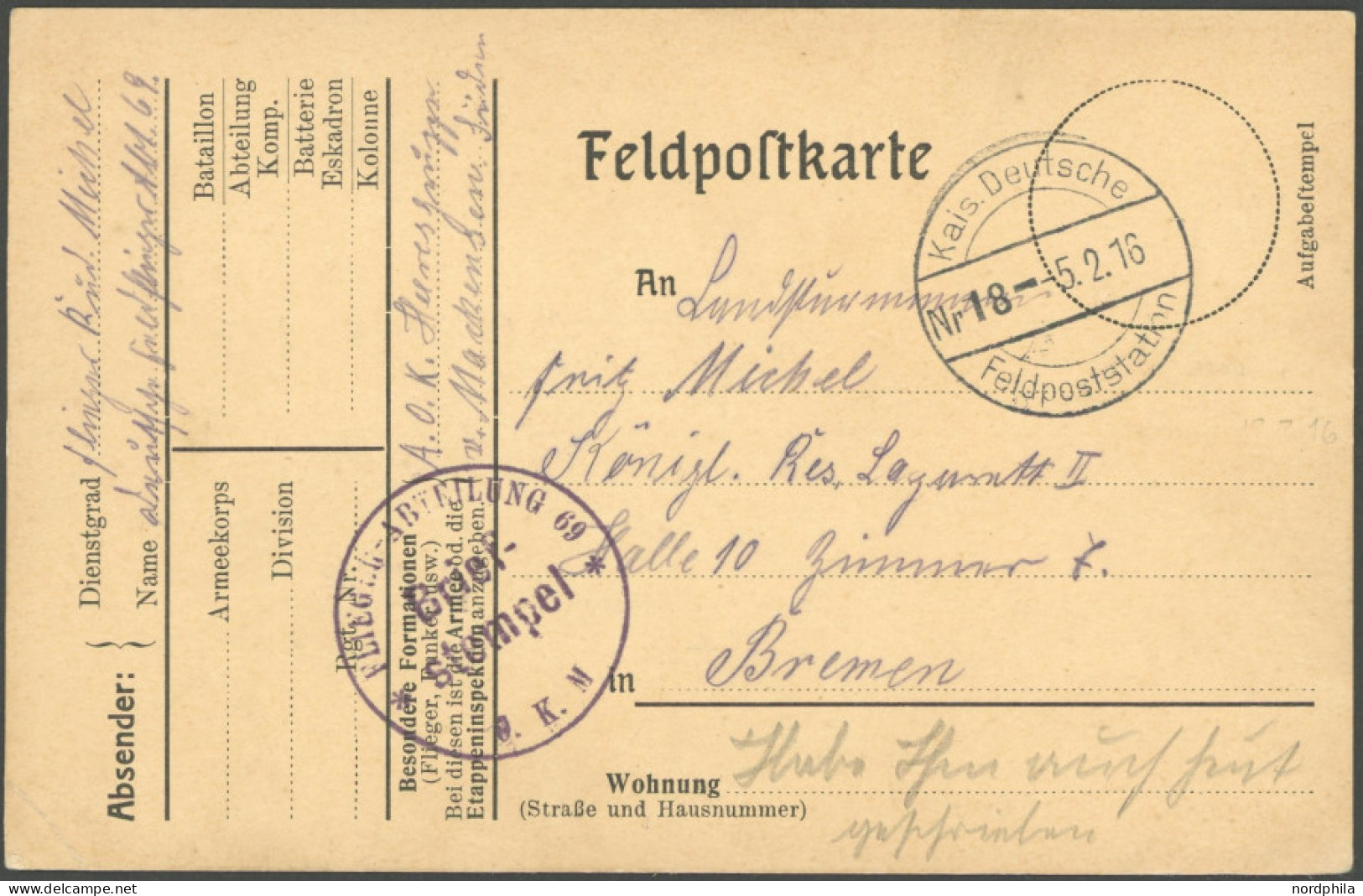 FELDPOST I.WK 1916, Feldpostkarte O.K.M. (Oberkommando V. Mackensen) Mit Briefstempel FLIEGER ABTEILUNG 69 Sowie Feldpos - Bezetting 1914-18