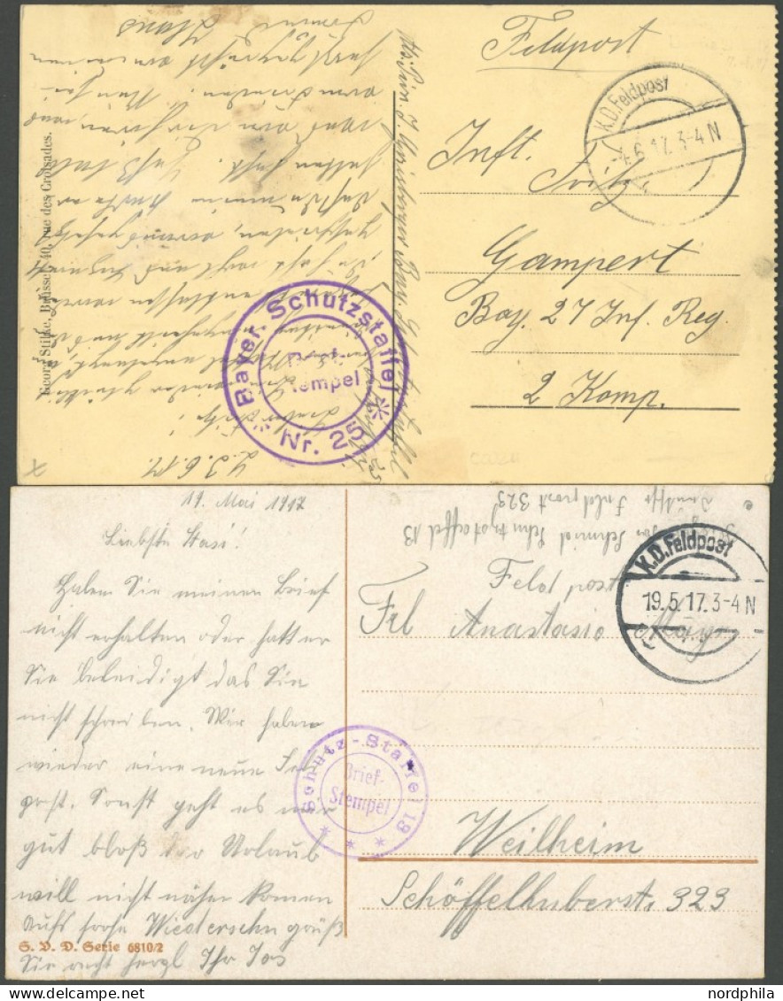 FELDPOST I.WK 1917, 2 Feldpostkarten Mit Violetten Briefstempeln SCHUTZ-STAFFEL 13 Bzw. BAYER. SCHUTZSTAFFEL 25, Pracht - Bezetting 1914-18