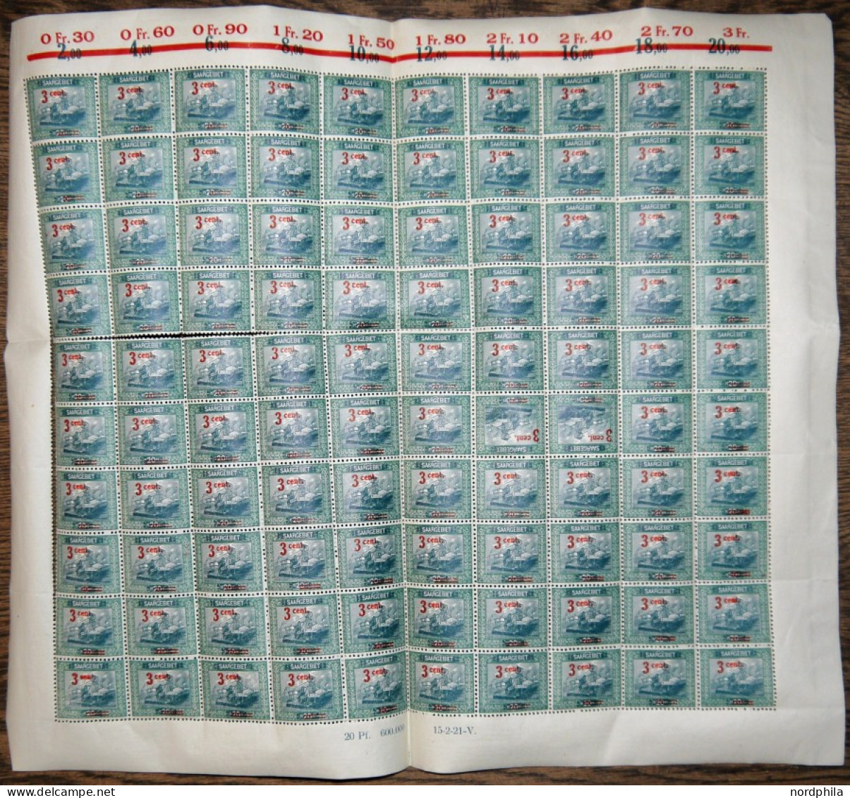 SAARGEBIET 70A , 1921, 3 C. Auf 20 Pf. Förderturm, Gezähnt A, Im Vollständigen Postfrischen Bogen (100), Mit Kehrdrucken - Other & Unclassified