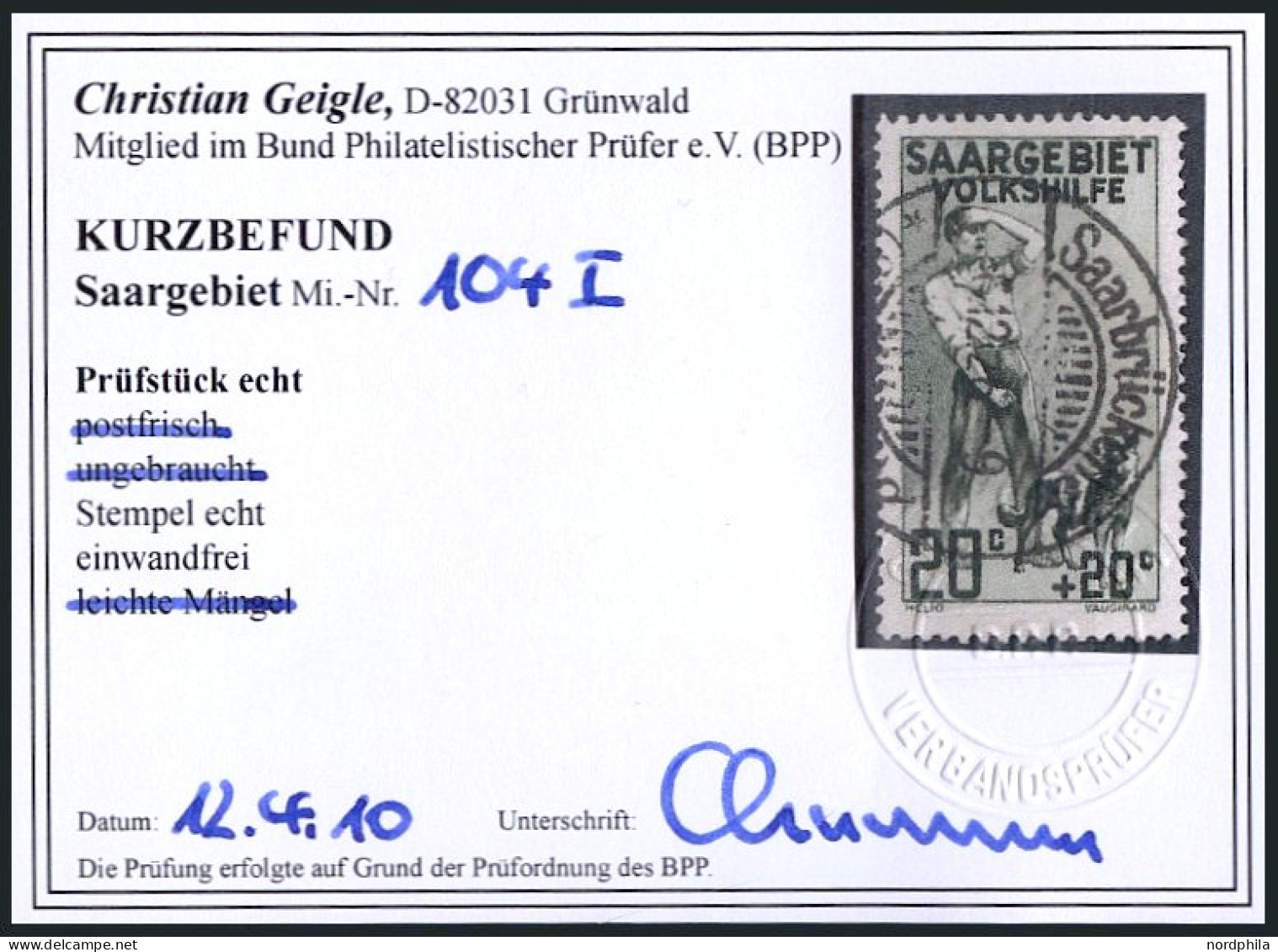 SAARGEBIET 104I O, 1926, 20 C. Volkshilfe Mit Abart Rahmen über T Von Saargebiet Gebrochen, Pracht, Kurzbefund Geigle, M - Otros & Sin Clasificación