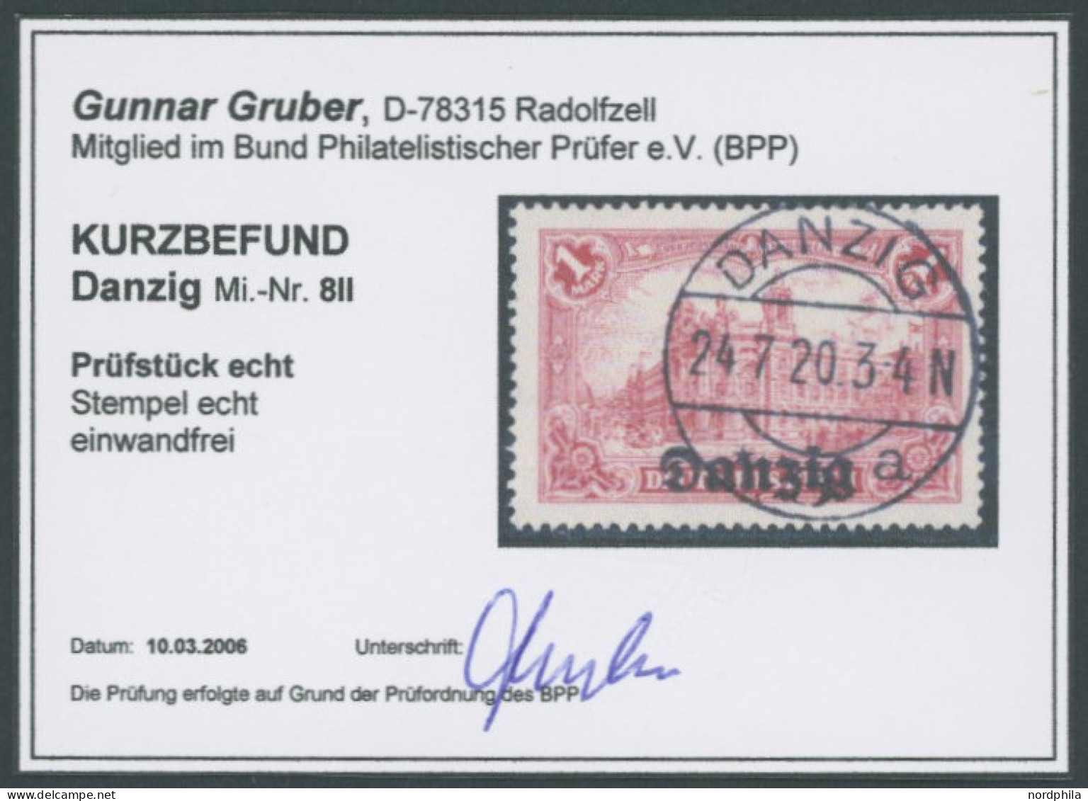 FREIE STADT DANZIG 8II O, 1920, 1 M. Rot Mit Plattenfehler Untere Hälfte Der Fahnenschnur Am Rechten Bildrand Fehlt, Zei - Sonstige & Ohne Zuordnung