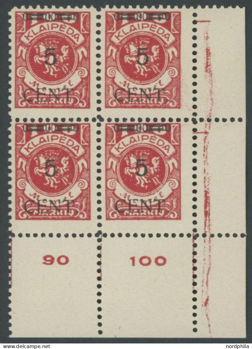 MEMELGEBIET 180IV VB , 1923, 5 C. Auf 100 M. Dunkelrosa, Type IV, Im Rechten Unteren Eckrandviererblock, Postfrisch, Pra - Memel (Klaïpeda) 1923