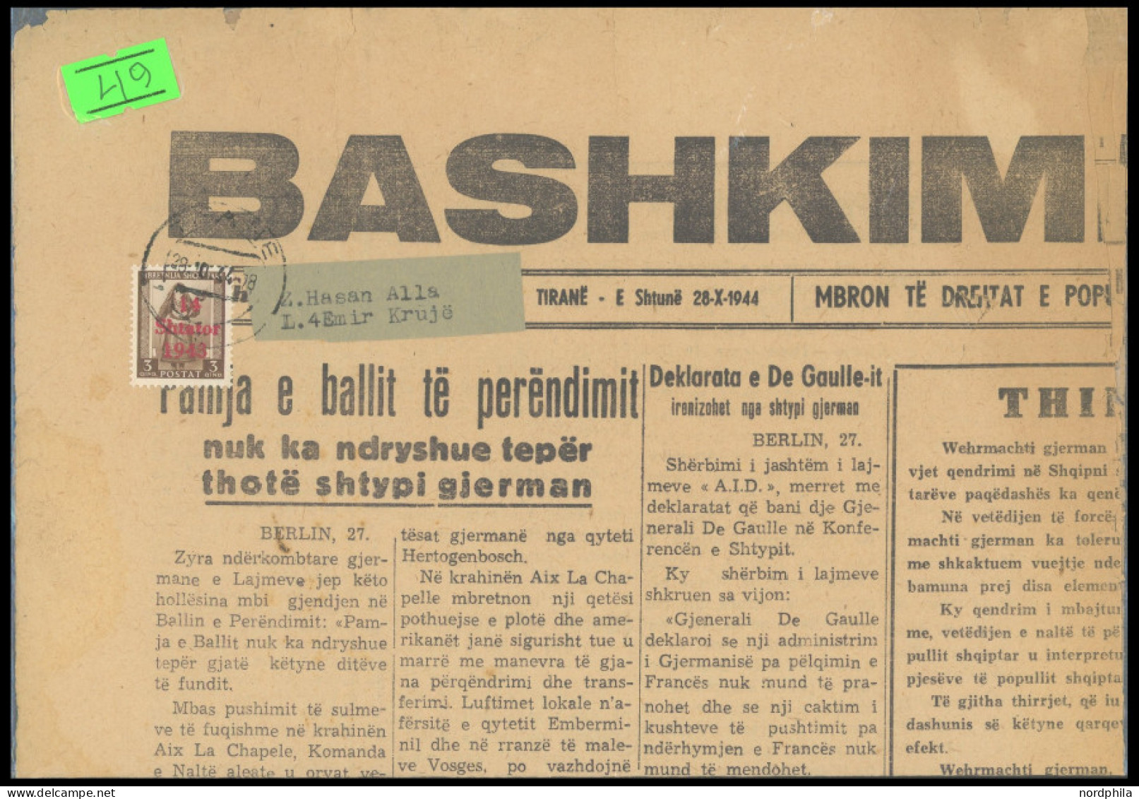 ALBANIEN 3 BrfStk, 1943, 3 Q. Schwärzlichgelbbraun Auf Journal BASHKIM I KOMBIT Vom 28.X.1944 (Albanian Organ Propaganda - Ocu. Alemana: Albania