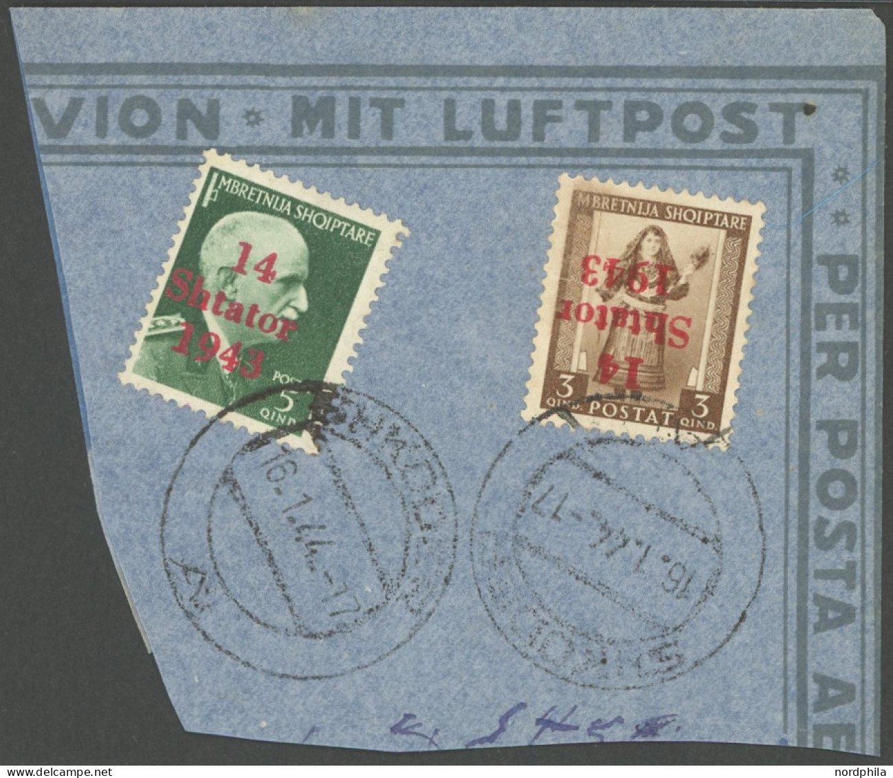 ALBANIEN 3K BrfStk, 1943, 3 Q. Schwärzlichgelbbraun Mit Kopfstehendem Aufdruck Und Zusatzfrankatur Auf Luftpost-Bedarfsb - Duitse Bez.: Albanië