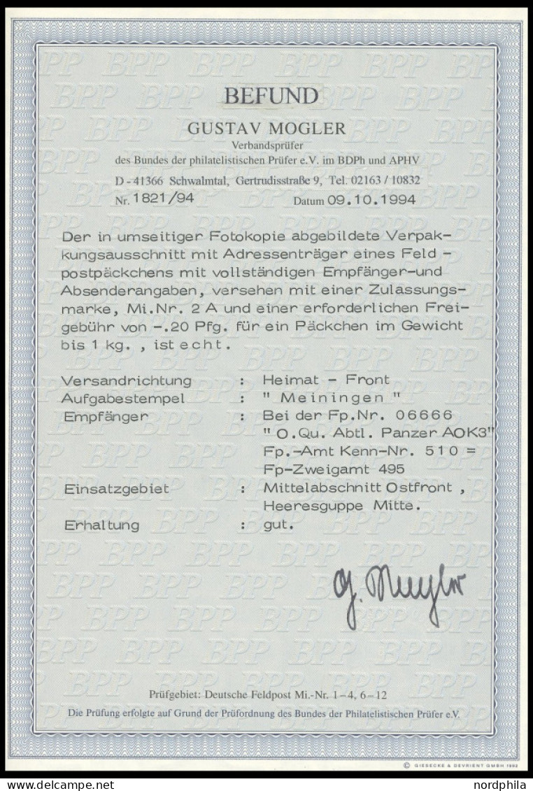 FELDPOSTMARKEN 2A BRIEF, 1942, Feldpostpäckchenmarke, Gezähnt, Auf Vollständiger Feldpost Päckchenadresse Mit 20 Pf. Fre - Bezetting 1938-45